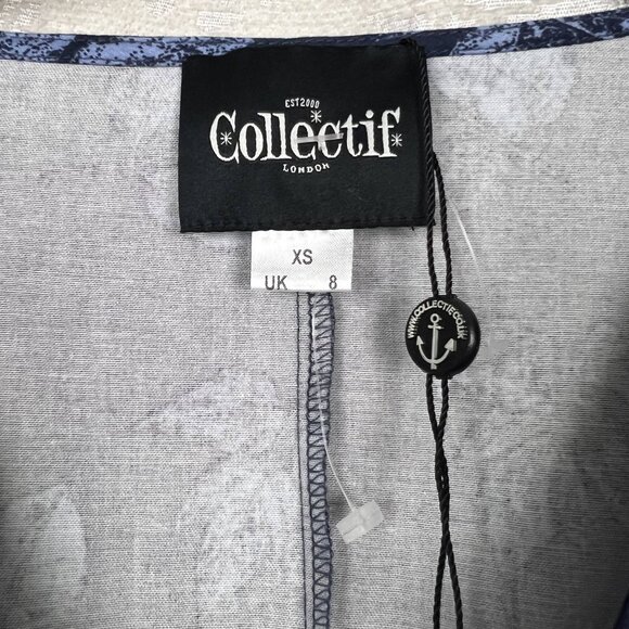 Collectif Susanna Fall Leaves print 50s V-Neck Button swing dress blue chambray - Picture 9 of 11